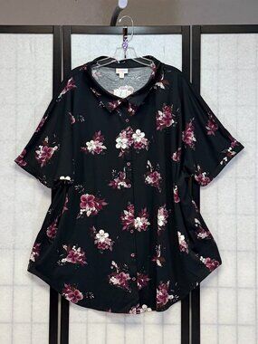 LuLaRoe Charlie 3X Collared Button Up Knit Blouse Black Purple NWT Short Sleeve